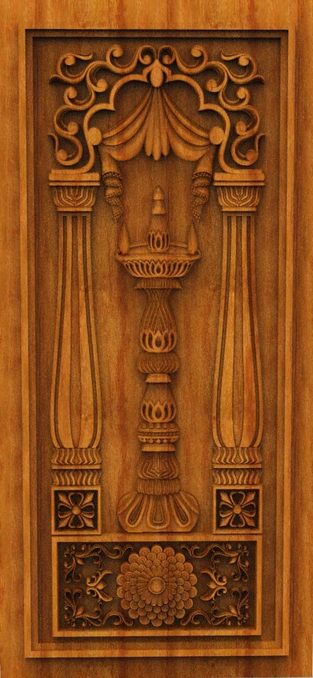 3D DOOR - OAK-91 Traditional Diya Lamp Spiritual Relief Carving Design